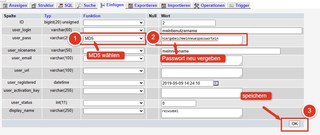 Screenshot aus PHPMYADMIN mit der User Editierung