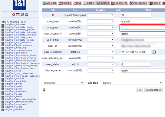 Hash WP Passwort Admin löschen