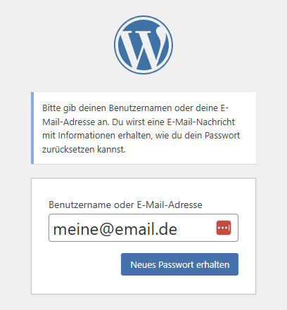 Screenshot einer WP Website und der Passwort vergessen-Funktion auf der Login-Seite