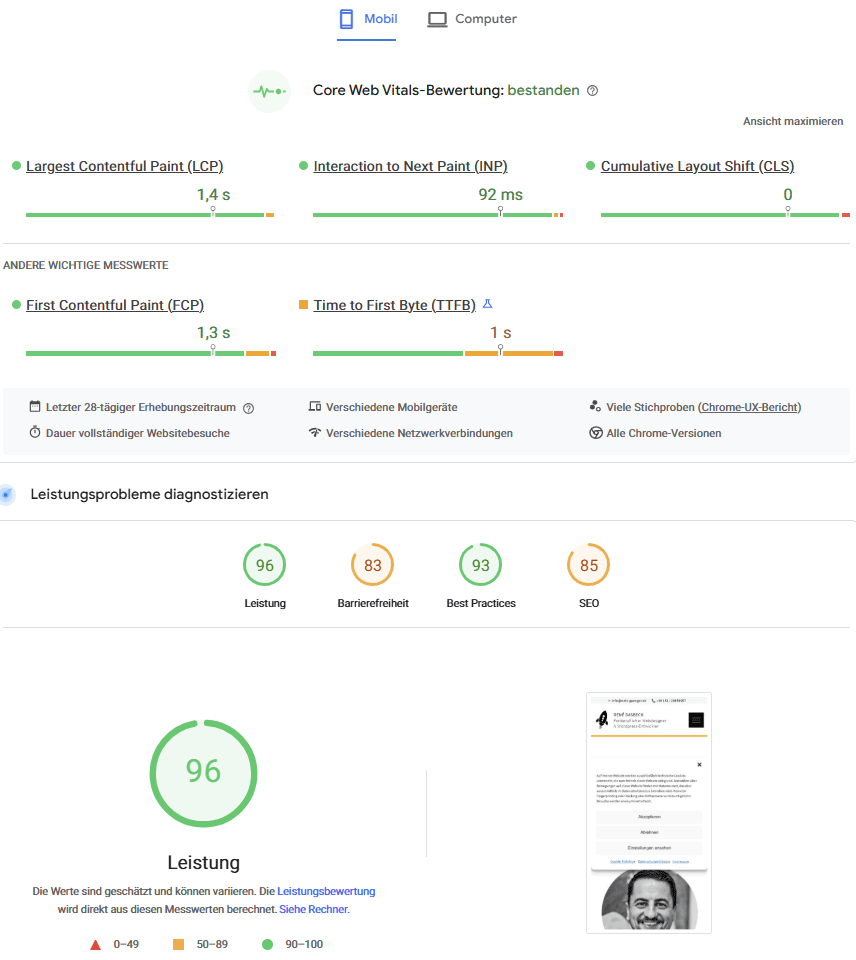 Screenshot aus Google Pagespeed Insights