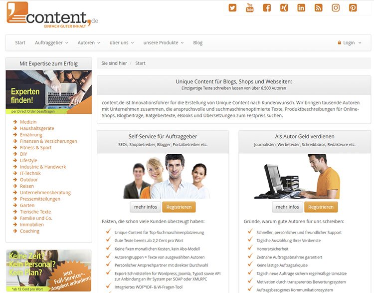Screenshot der content.de Homepage