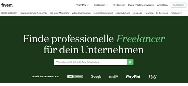 Screenshot der Homepage von Fiverr