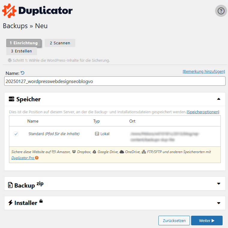 Screenshot des Duplicator Plugins