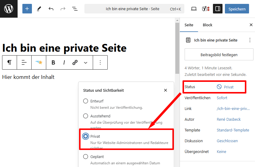 Screenshot des WP Gutenberg Editors mit Option Seiten als privat zu veröffentlichen