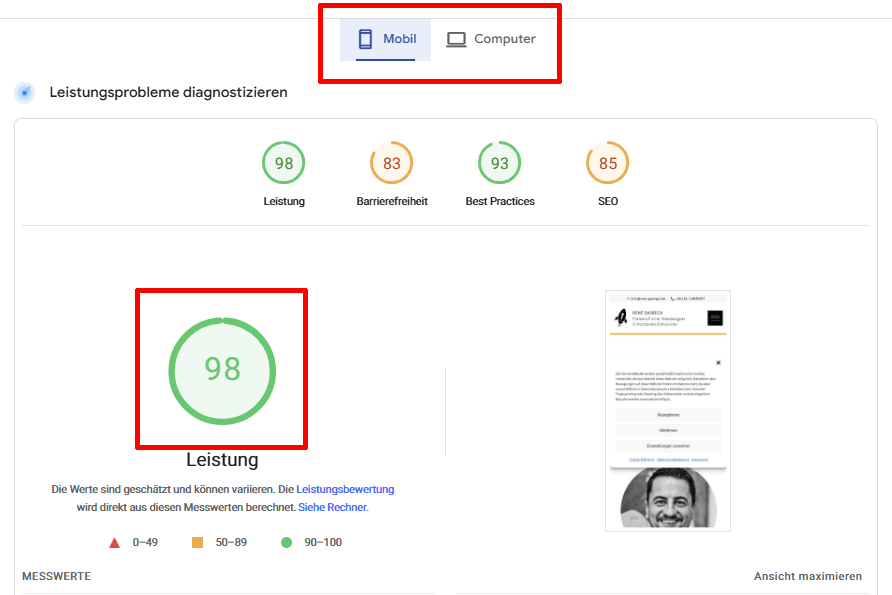 Screenshot von Pagespeed Insights mit dem Score von 98 für die Website netz-gaenger.de
