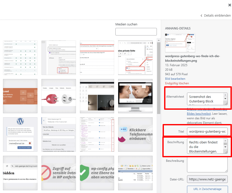 Screenshot eines Bild in der Mediathekt von WordPress mit den Einstellungen zu ALT, Title und Beschriftung