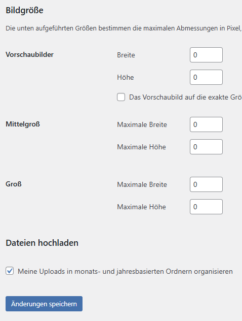 Screenshot aus WP Admin zu Medieneinstellungen