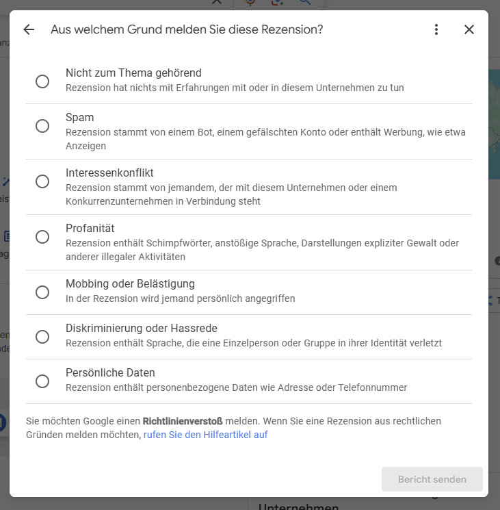 Ein weiterer Screenshot der Melden Funktion für Google Rezensionen