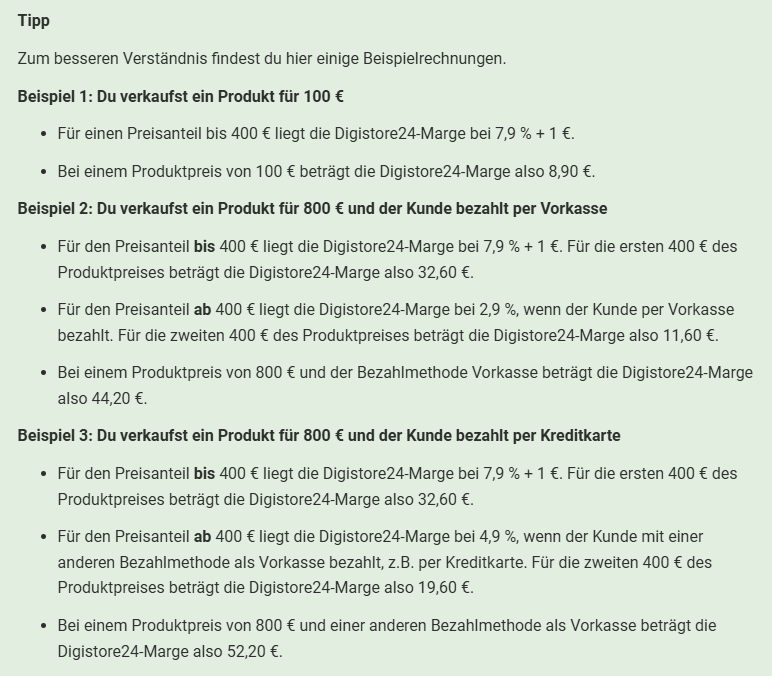 Erklärungen von der Digistore24 Website zu der Preisstruktur
