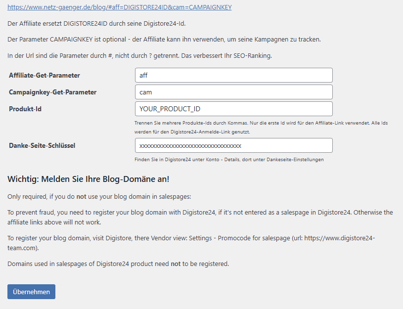 Screenshot WordPress Backend Digistore24